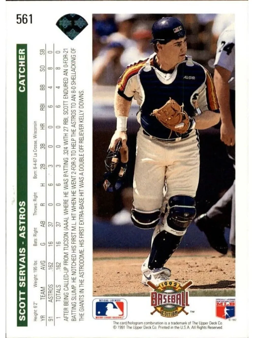 Scott Servais 1992 Upper Deck MLB #561 Baseball Card Houston Astros